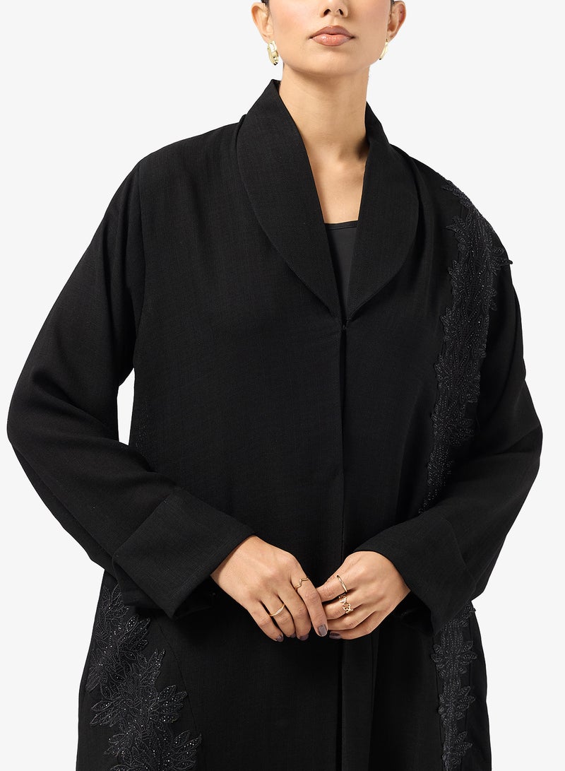 hayas closet Black Embroidery Collared Abaya With Sheila - Image 3